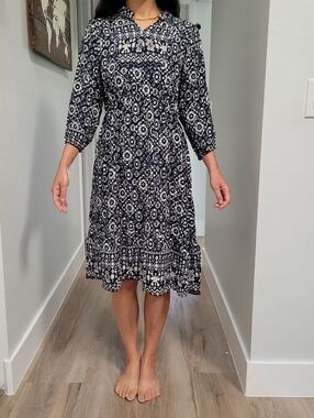 Sapphire Boho Chic Midi Dress Size Large Blue Tribal Print Resortwear Flowy